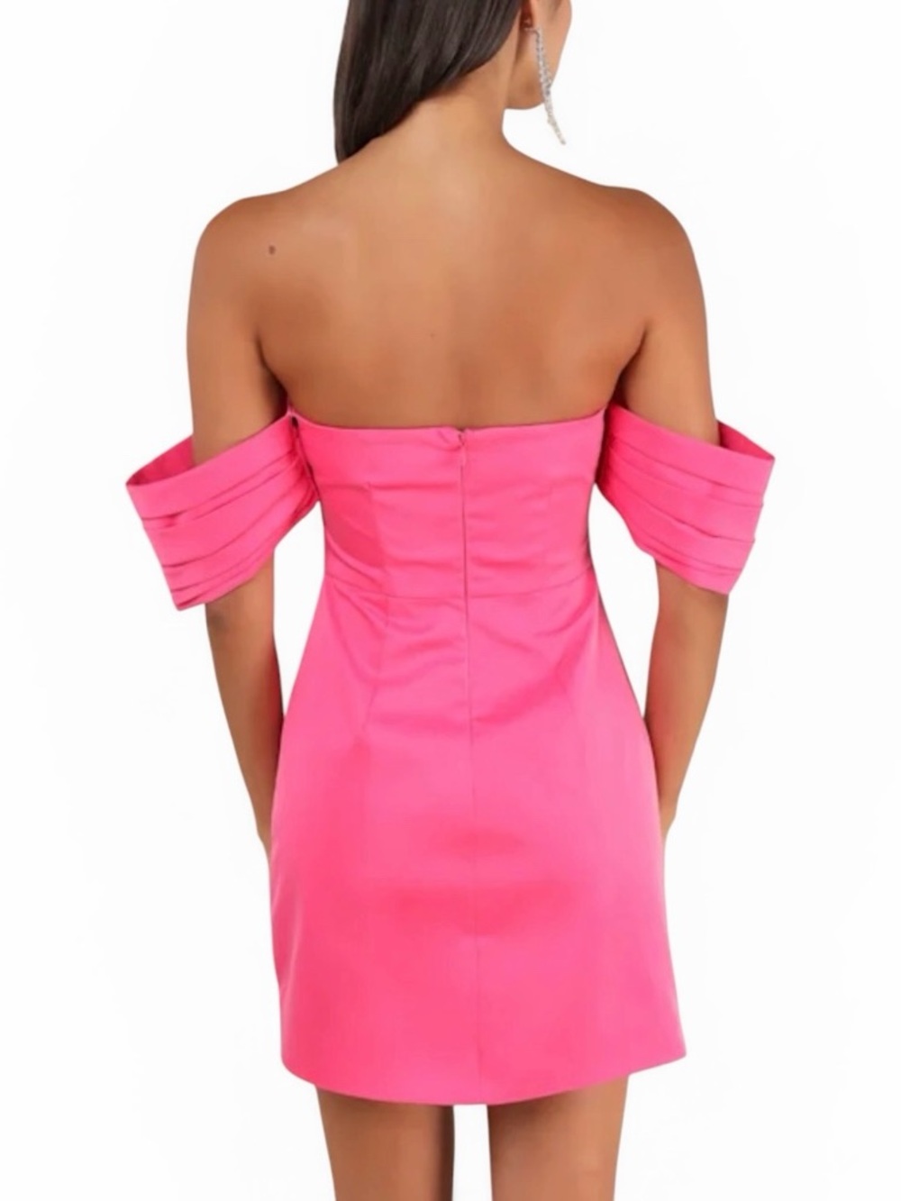 Lulus NWT “Totally Haute” Hot Pink Satin Pleated Off-The-Shoulder Mini Dress Med - Picture 3 of 16